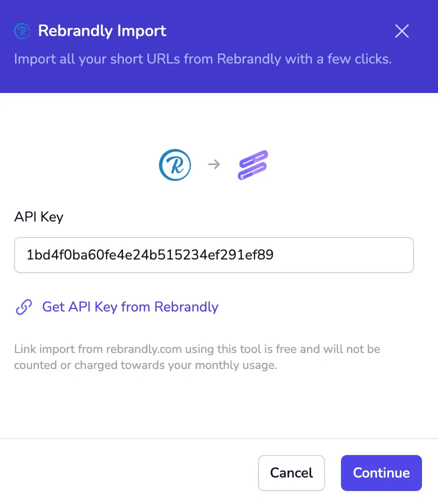 Rebrandly import enter API key