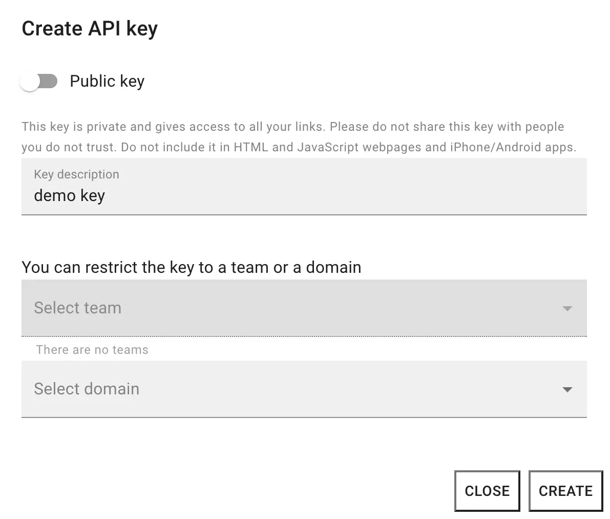Short io API create modal