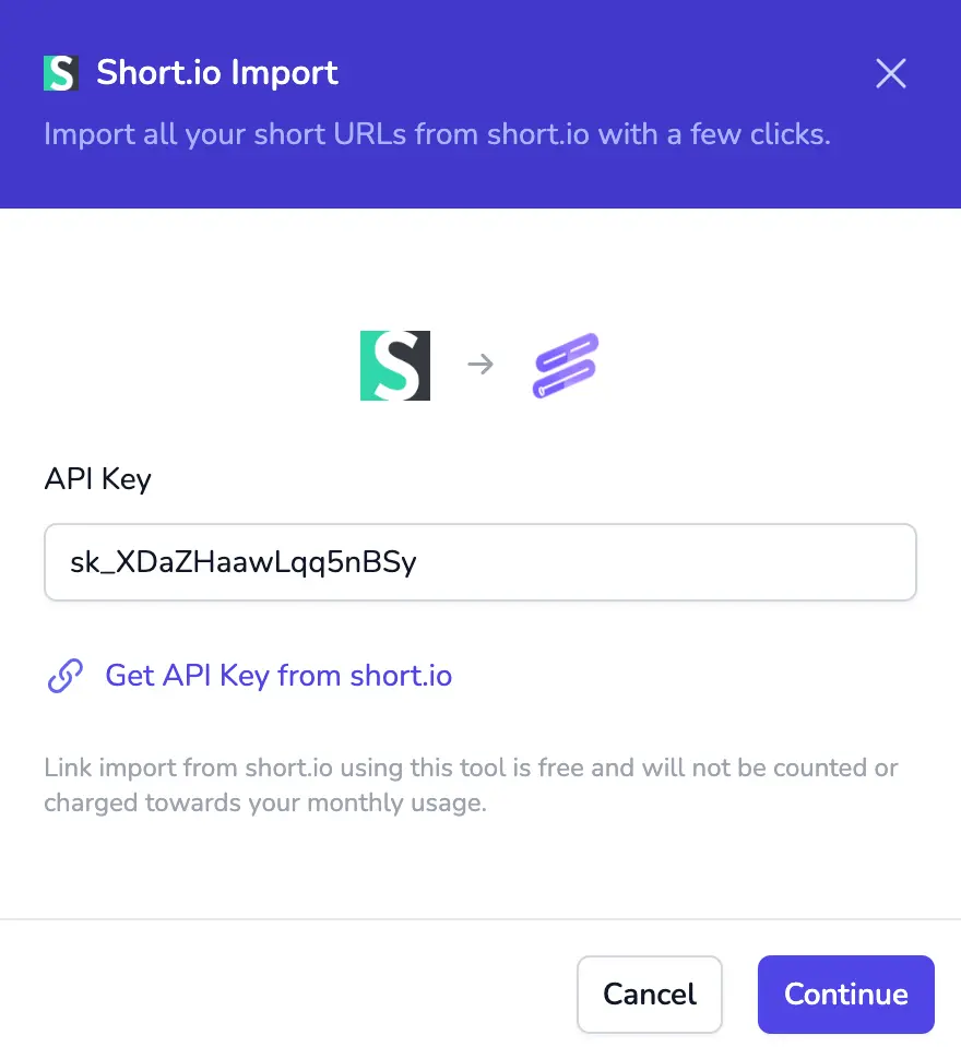 Shortio importt enter API key