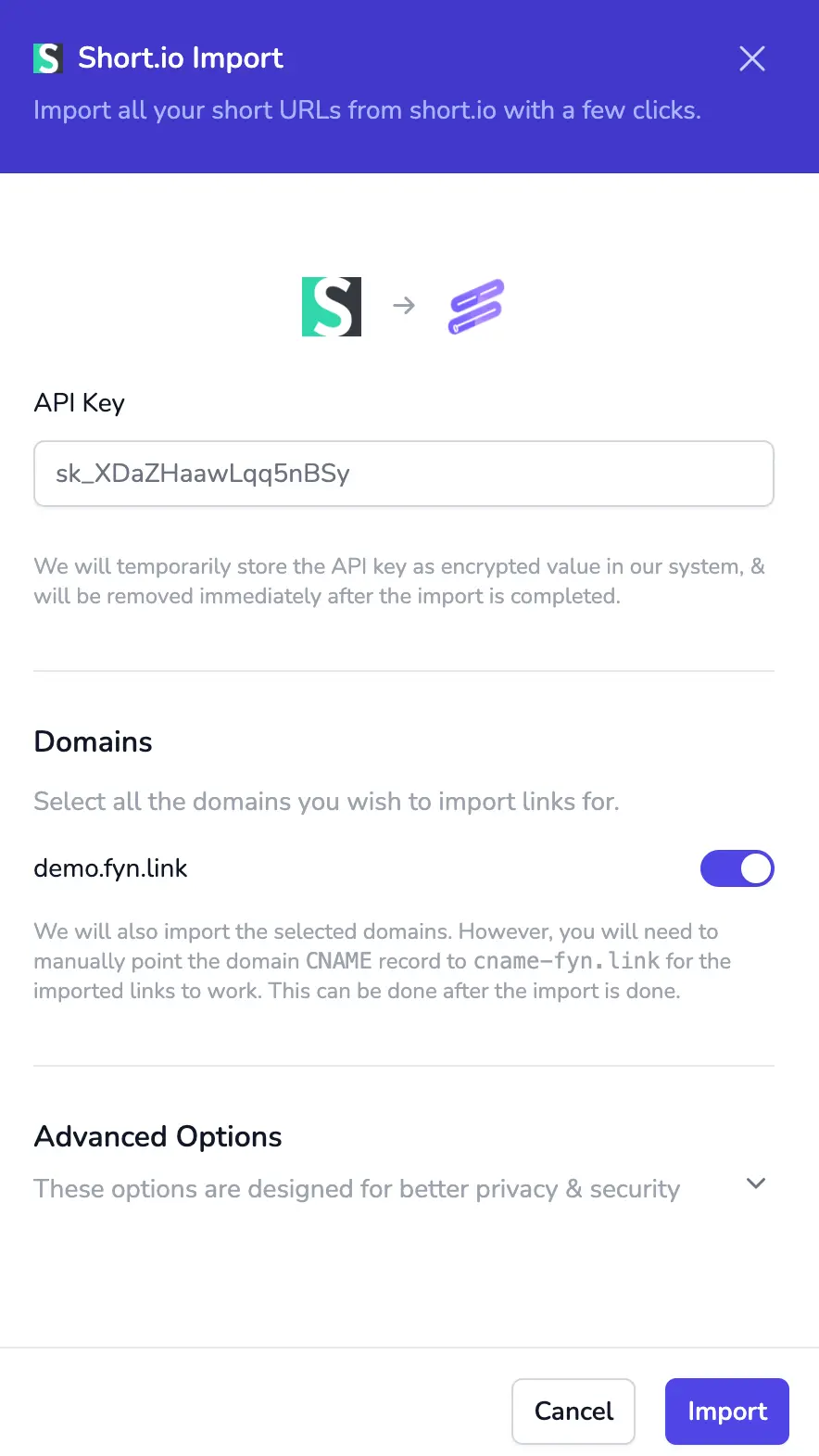 Shortio importt window